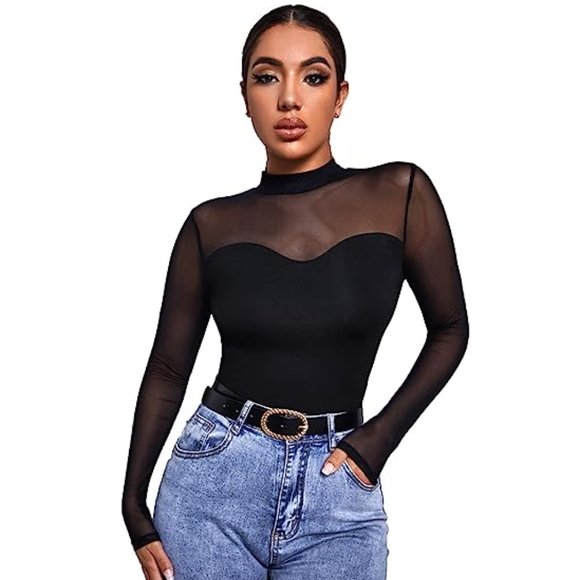 SweatyRocks Tops - Black Mesh Sleeve Shirt